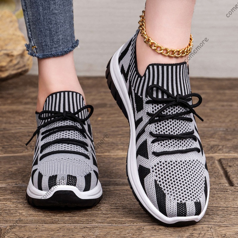 Knit Fabric Lace Up Sneakers - Sneakers slip-on in maglia da donna,